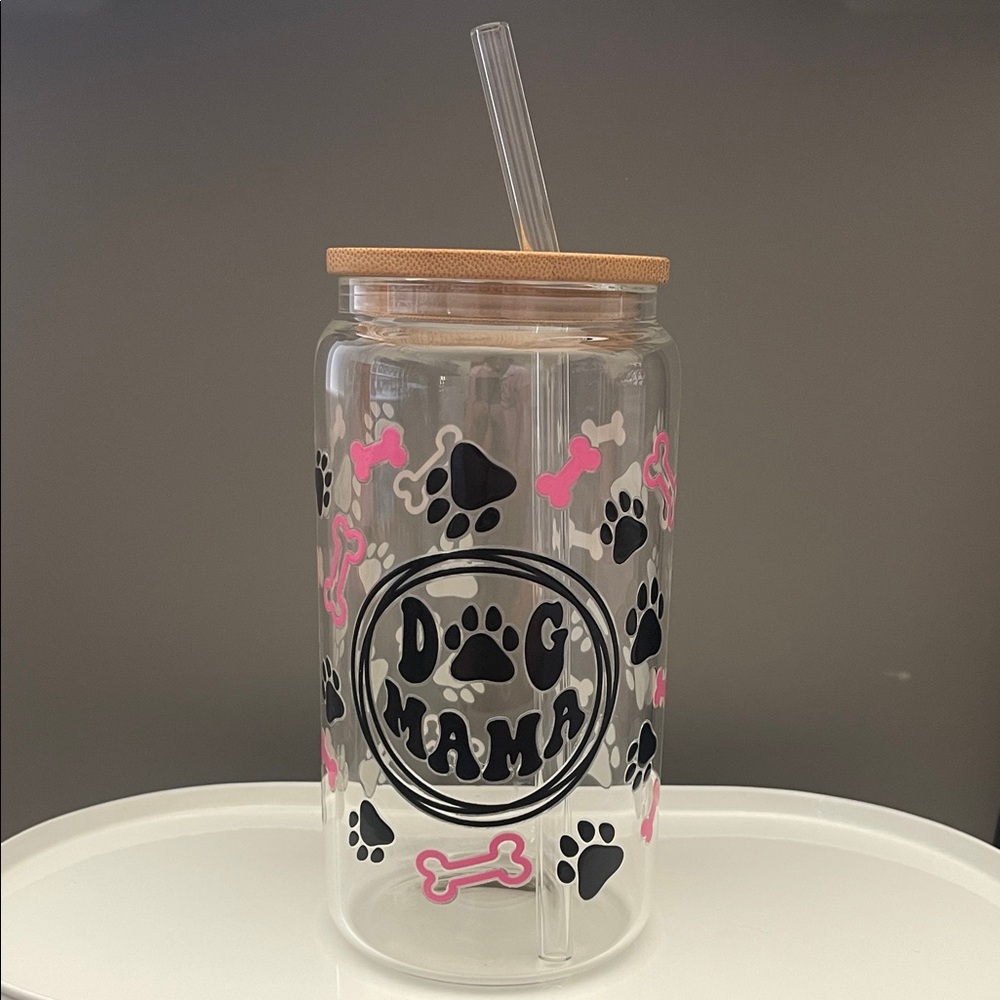 Dog Mama Paw Print Glass Tumbler with Straw - Black and Pink